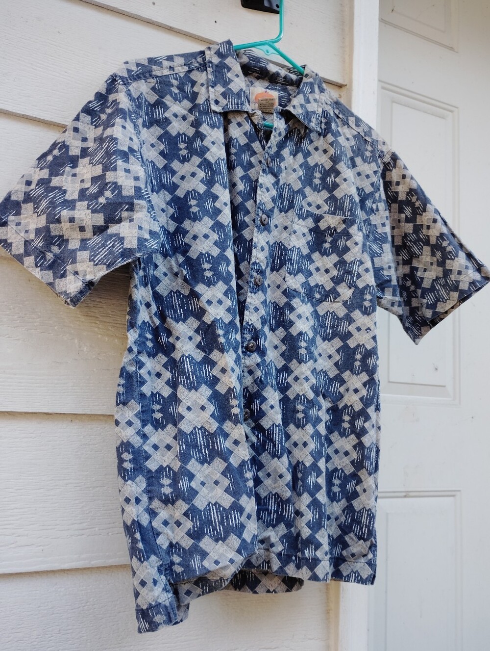 Vintage Boys XL 80s or 90s Button Down Shirt 100% Cotton Indigo Blue Khaki Aztec
